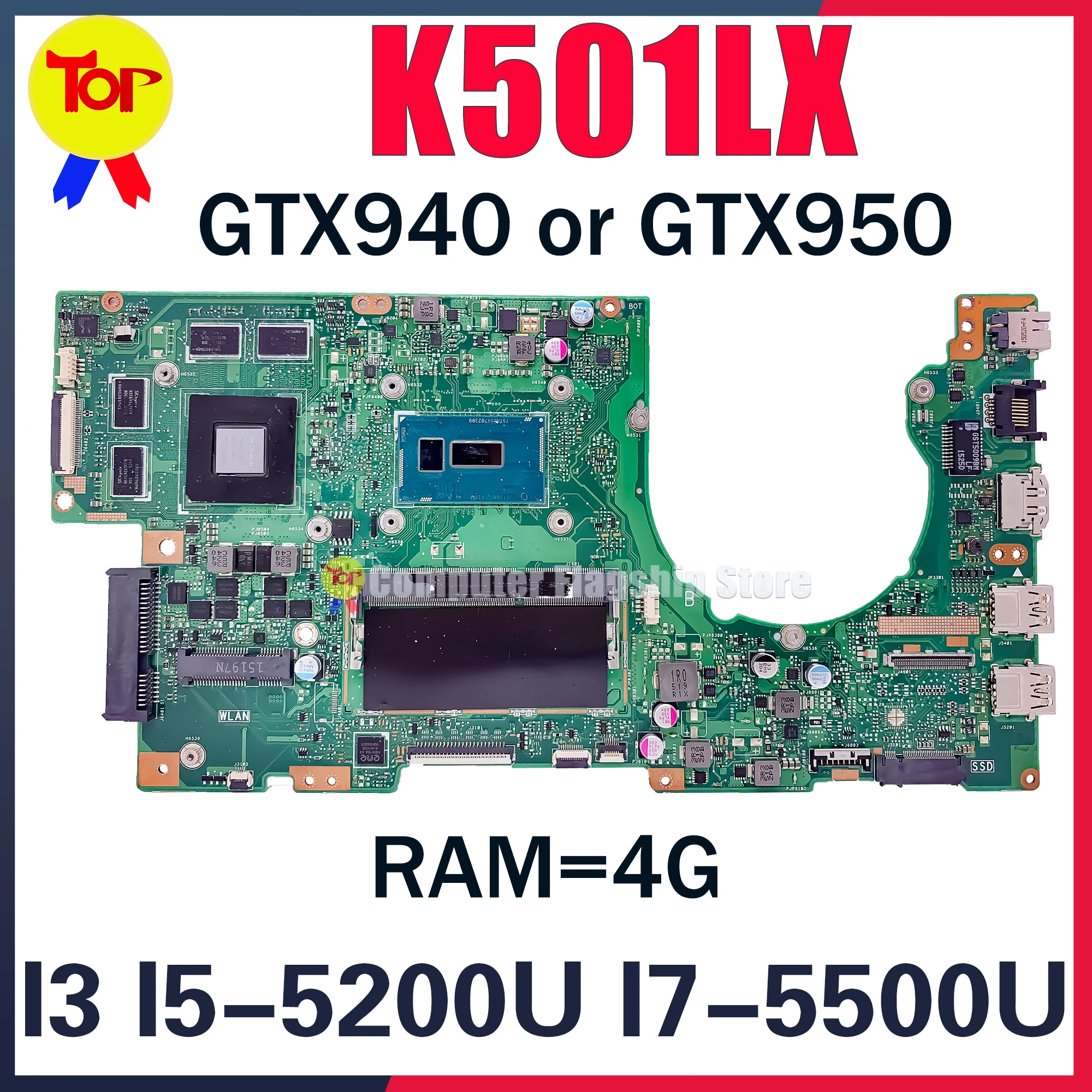 K501L Laptop Motherboard For ASUS K501LX K501LB A501L V505L 4G-RAM I3 I5-5200U I7-5500U GT940 GTX950 Mainboard 100% Work