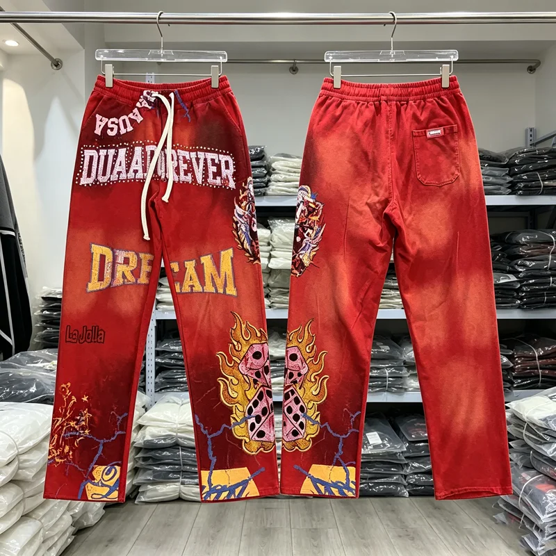 Stain Embroidery Rhinestone Red Duaa Flame Dice Print Sweatpants Men Women Loose Casual Drawstring Track Pants Jogger Trousers