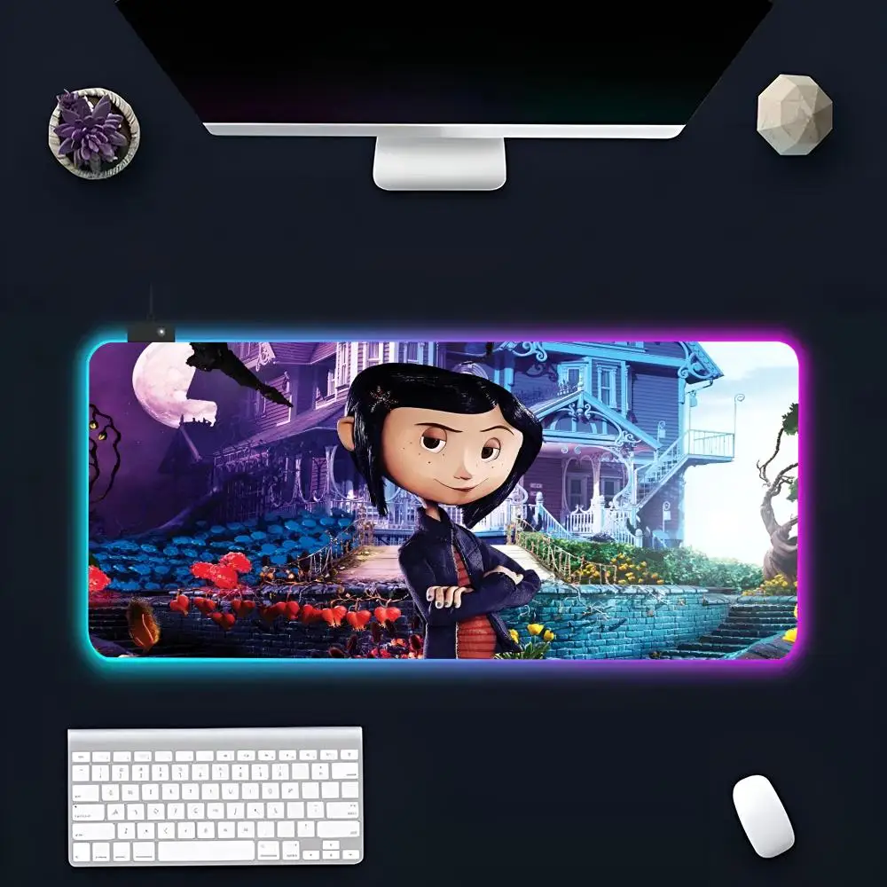 Anime C-Coraline-the Secret Door MINISO Mouse Pad RGB Gaming Mousepad LED Mousepads XXL Keyboard Pads Luminous Desk Mat Backlit