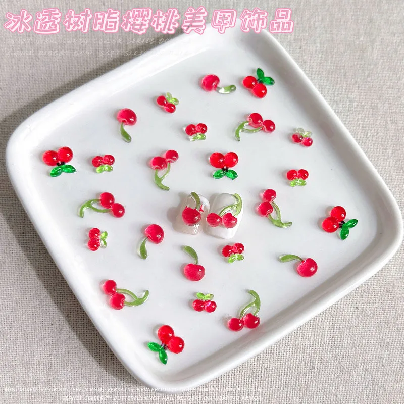 30PCS Ice Translucent Jelly Red Little Cherry Single Double Fruits Resin Nail Art Rhinestones Decorations Manicure Sweet Charms