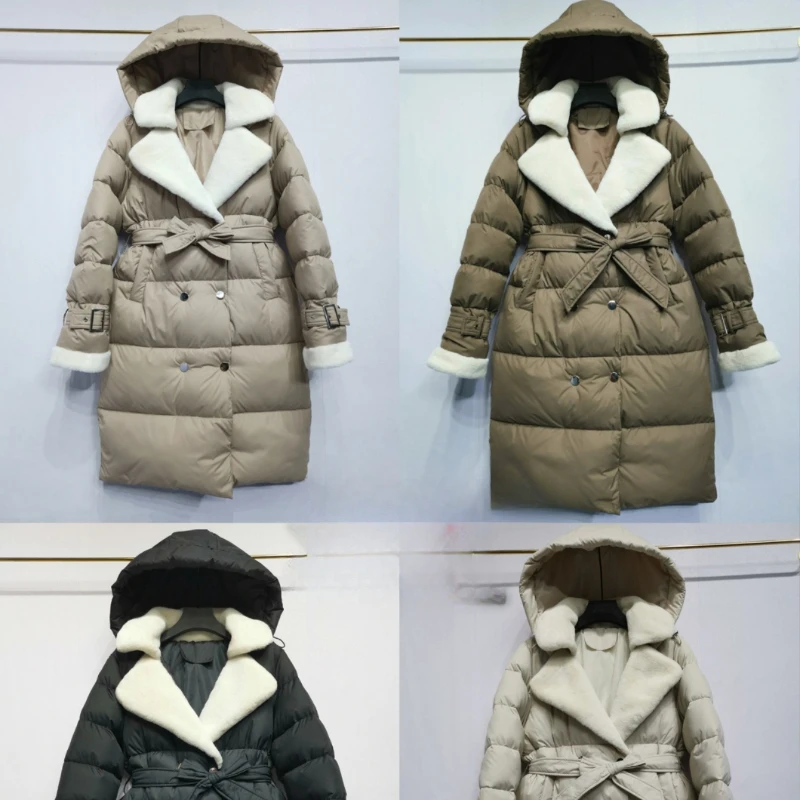 Fur Collar Hooded Parkas Women Winter Double Breasted Zip Belt Padded Jacket Mid Long Pocket Slim Cozy Coat Streetwear 2024 New