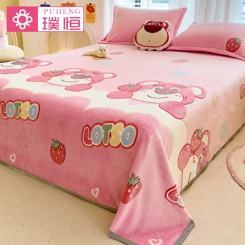 

Kawaii Disney Pooh Bear Stitch Fleece Sheet Single Milk Flannel Blanket Winter Thickened Single Double Three-piece Set