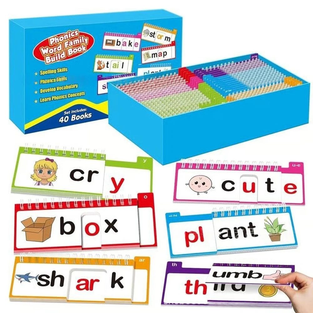 

40 флип-книг по фонетике для изучения слов, 40 шт. Интерактивные книги для чтения и составления рифм, увлекательные флип-книги по семейству слов для детей