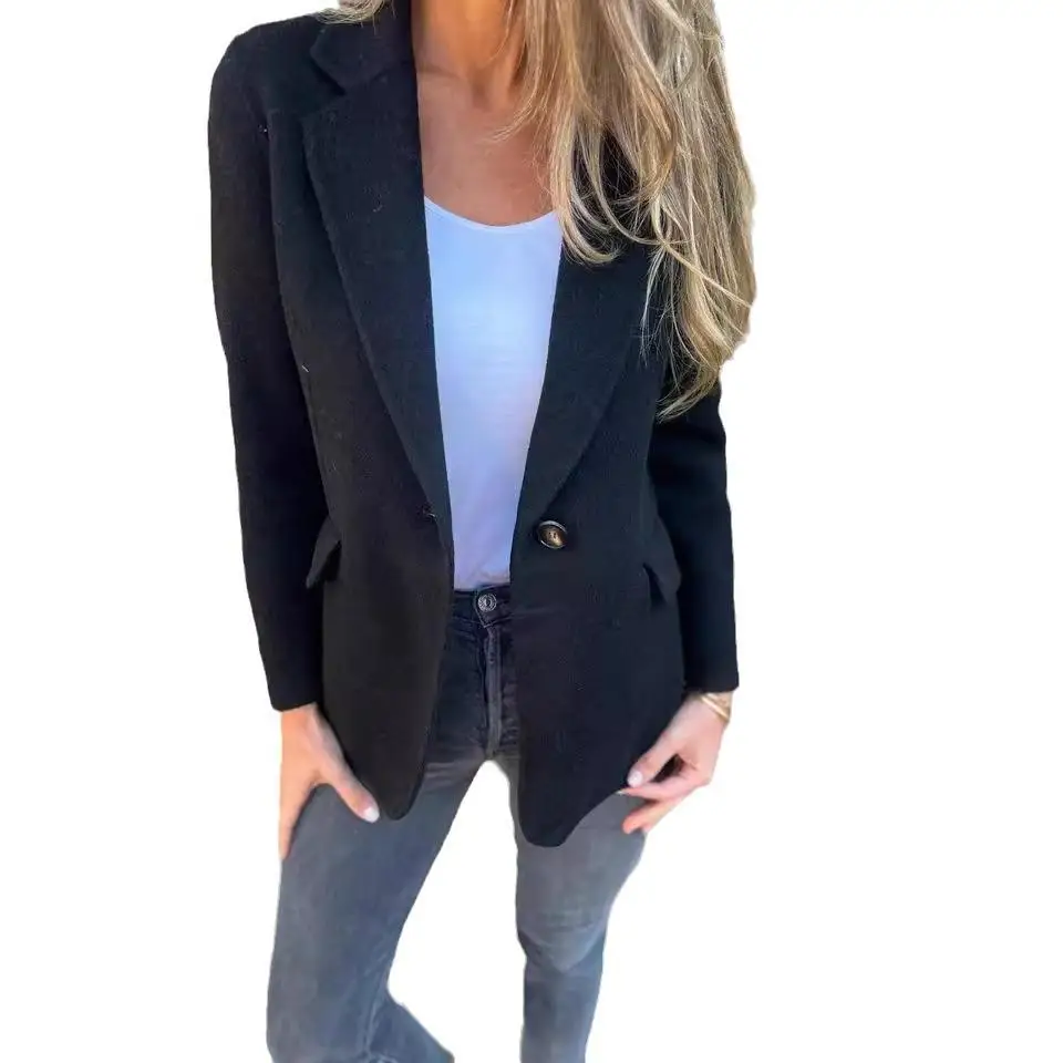 

Women's Casual Woolen Lapel Button Fake ket Suit Jaet Long Sve Commute Sle Pure Color Polyester Fiber Autumn Season