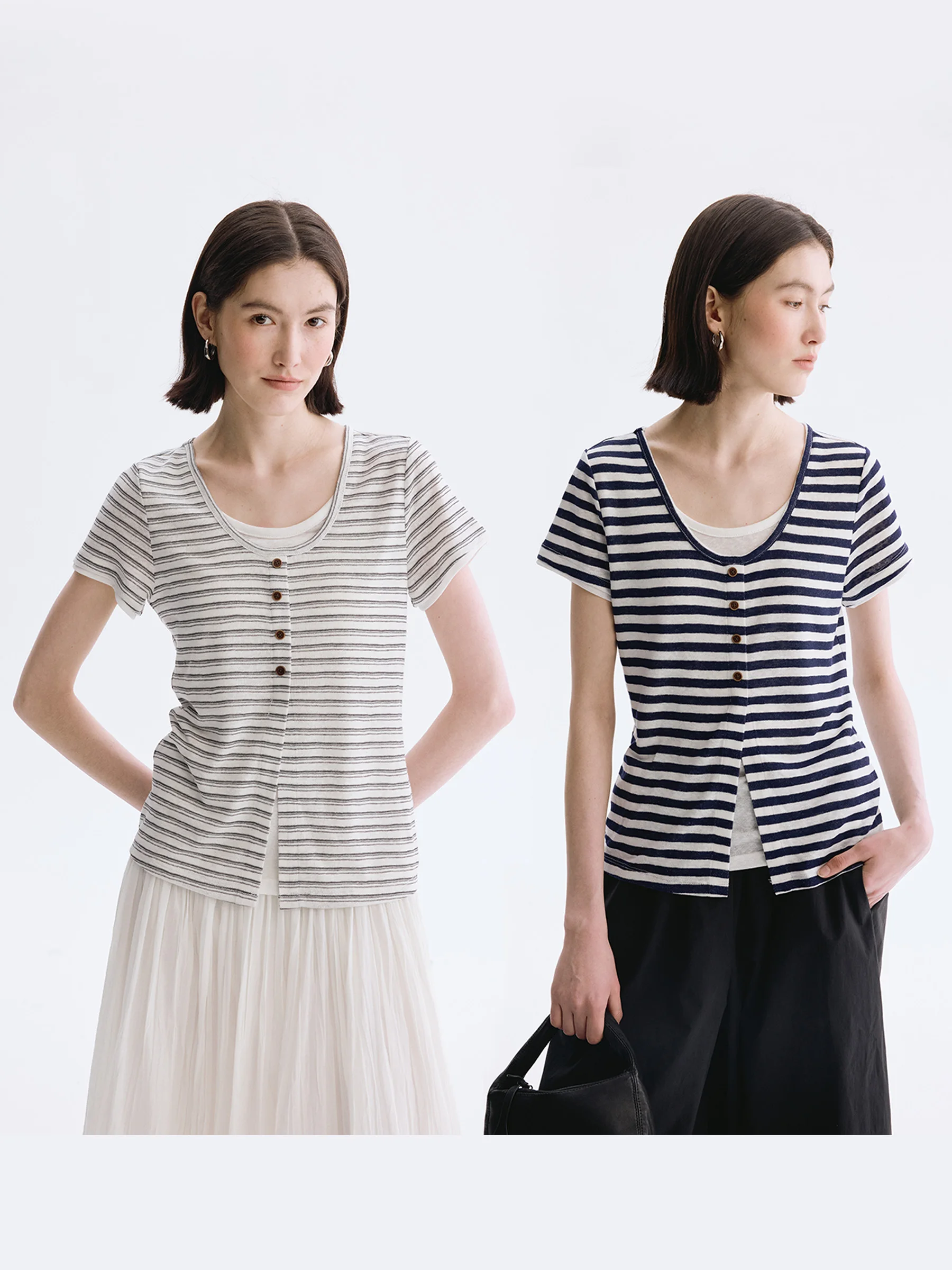

DotDrobe Women's T-Shirt Casual Style U-Neck Short Sleeve Striped Top Silk Linen Blend Fake Two-Piece Spring Summer 2026