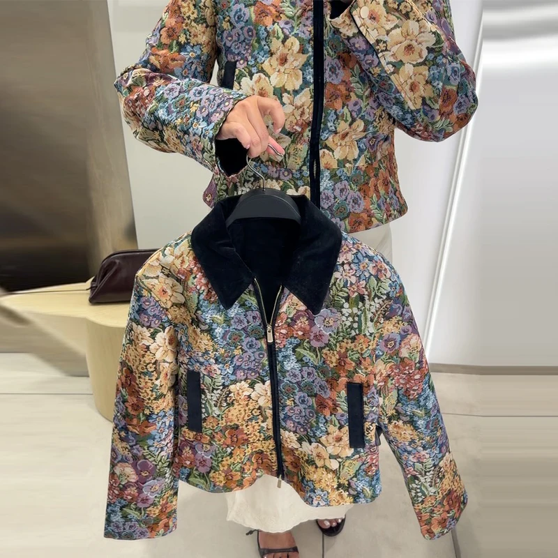 Blumenbedruckte Revers-Jacken mit Taillenbetonung und Reißverschluss für Damen, Street-Style, Umlegekragen, lange Ärmel, paneelierte schmale Jacken, neue Oberbekleidung – Detail 2