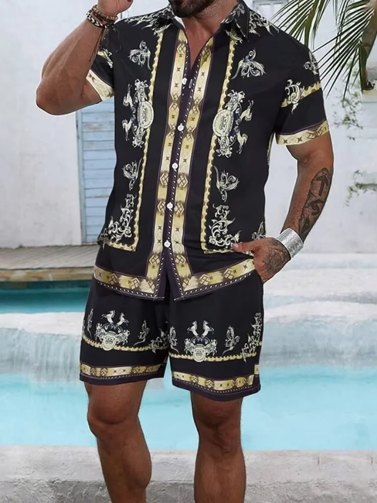 

Винтажная мужская рубашка и шорты, комплект гавайской летней рубашки с короткими рукавами, пляжные шорты, роскошный костюм, уличные повседневные шорты y2k для отдыха