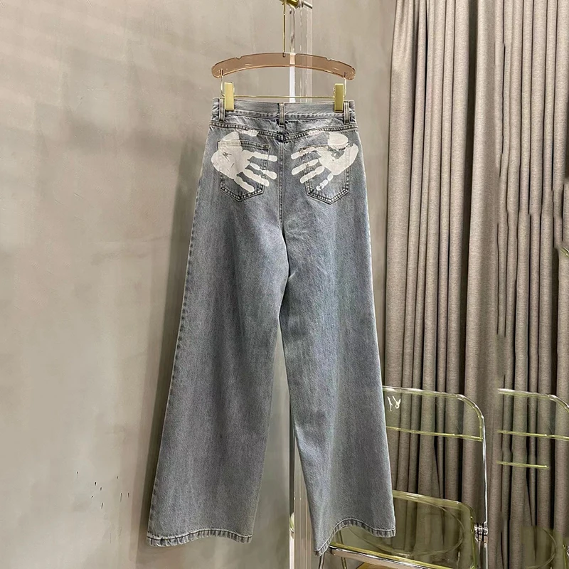 2024 summer new spray painting washed women\'s jeans Korean fashion versatile wide-leg pants high quality cotton pants y2k