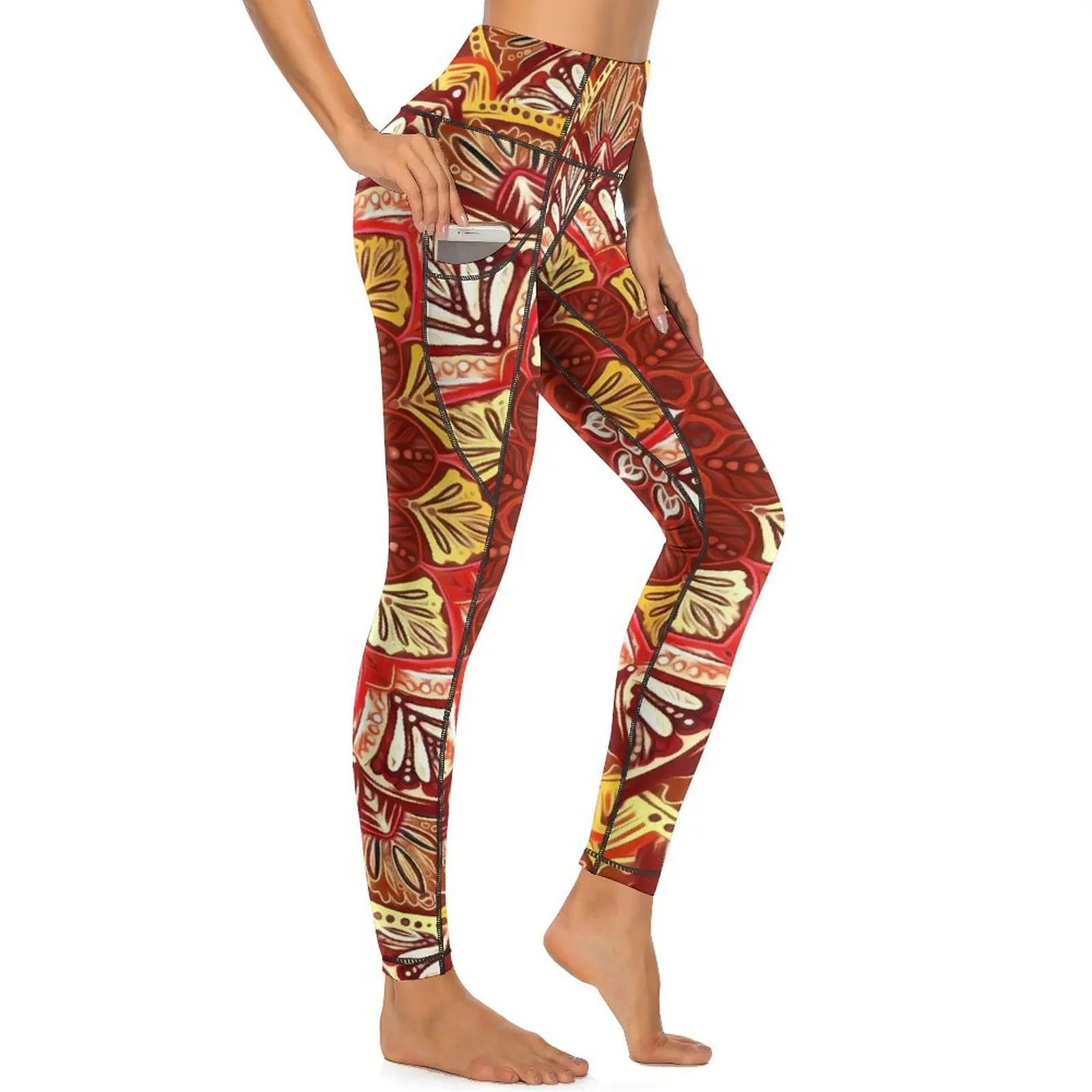 Retro Boho Floral Leggings Sexy Red and Gold High Waist Yoga Pants Sweet Stretchy Leggins Women Graphic Fitness Sports Tights