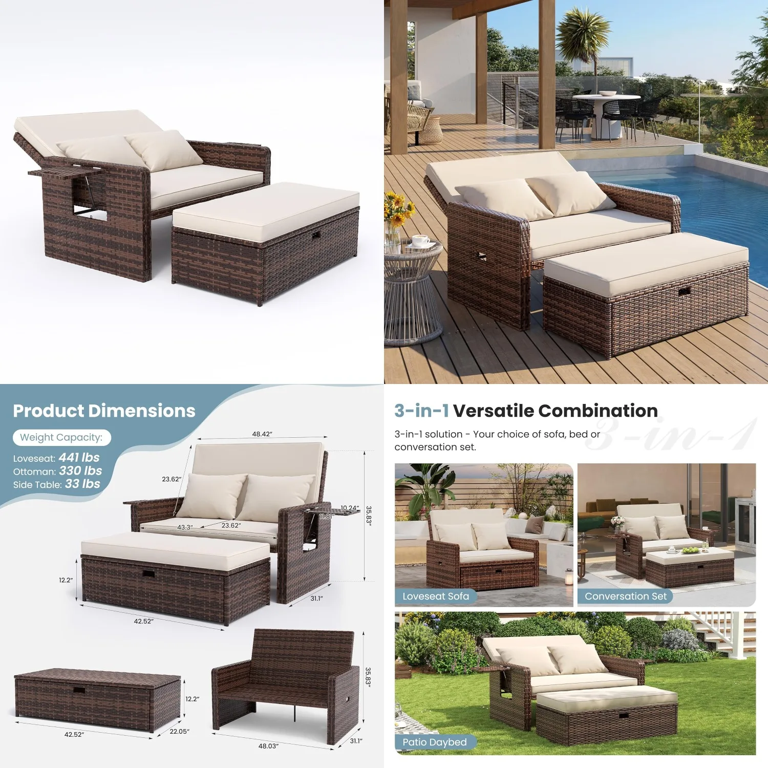 

Adjustable Backrest Wicker Loveseat with Storage Ottoman Cushions for Patio Balcony Garden Poolside, Customized