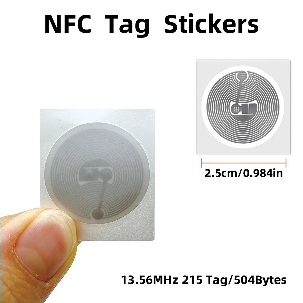 100 unids/lote etiqueta adhesiva NFC 13,56 MHz ISO14443A Ntag 215 pegatinas etiqueta Universal Ntag213 RFID para todos los teléfonos habilitados