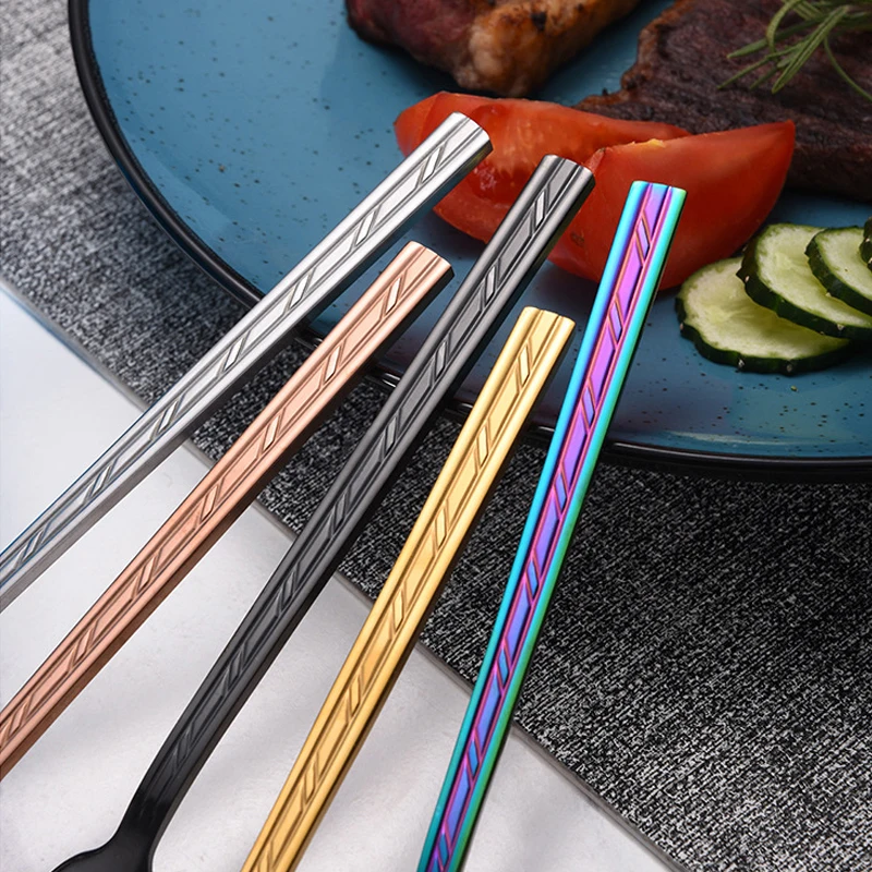 24pcs Cutlery Set Gold Dinnerware Stainless Steel Square Handle Engraved Pattern Spoon Forks Knives Western Silverware Tableware