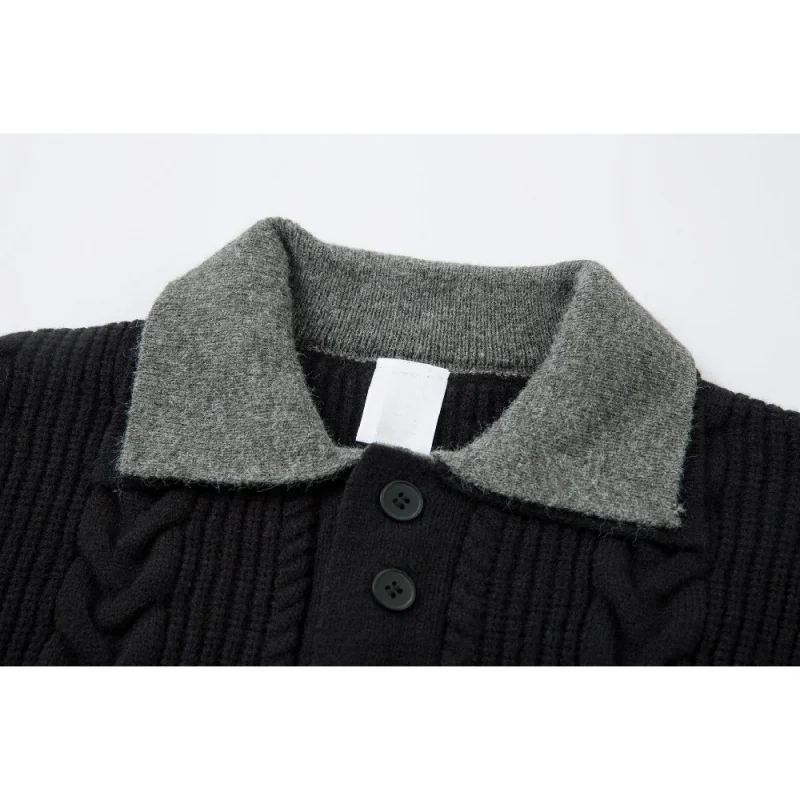 Men'S Black Polo Collar Sweater, 2025 Autumn New Cable Knit Button-Down Knitted Fall Fashion Trend Office Wear Warm Knit Top