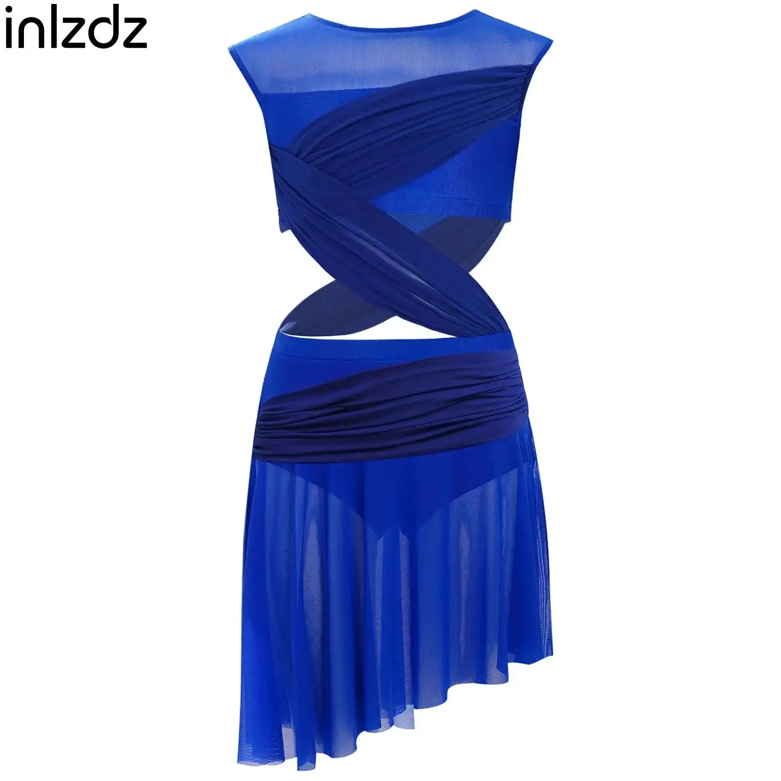 

Kids One-Piece Lyrical Dance Dresses Girls Modern Contemporary Dance Costume Sleeveless Sheer Mesh Asymmetrical Dress Dancewear