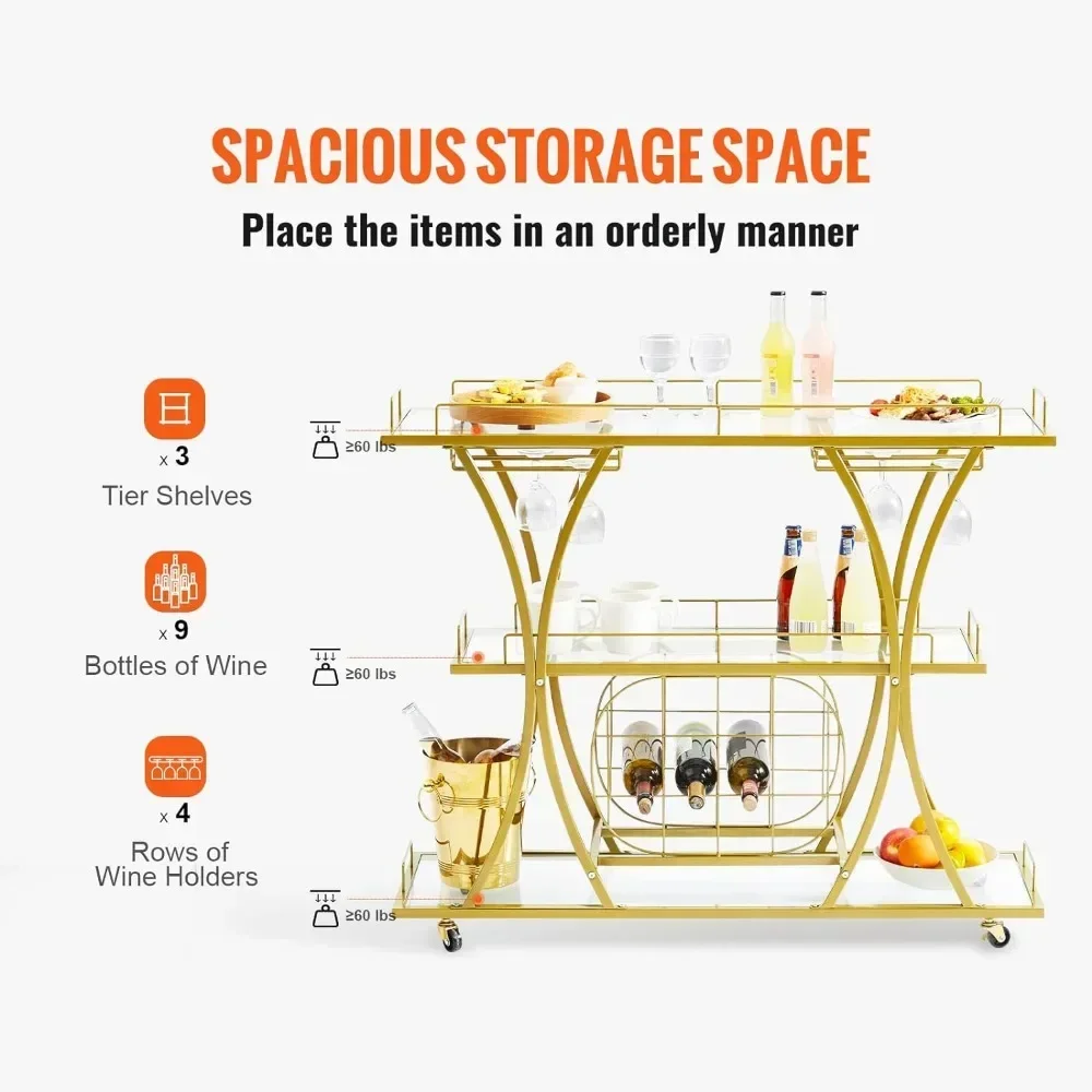 Bar Cart Gold, 3 Tiers Home Bar Serving Cart on Lockable Wheels, Rolling Alcohol Cart with Tempered Glass Shelves Guardrail