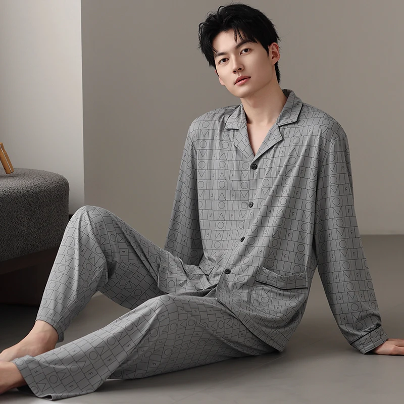 

Plus Size L-3XL Spring and Autumn Men Pajamas Set 100% Cotton Turn-down Collar Pijama