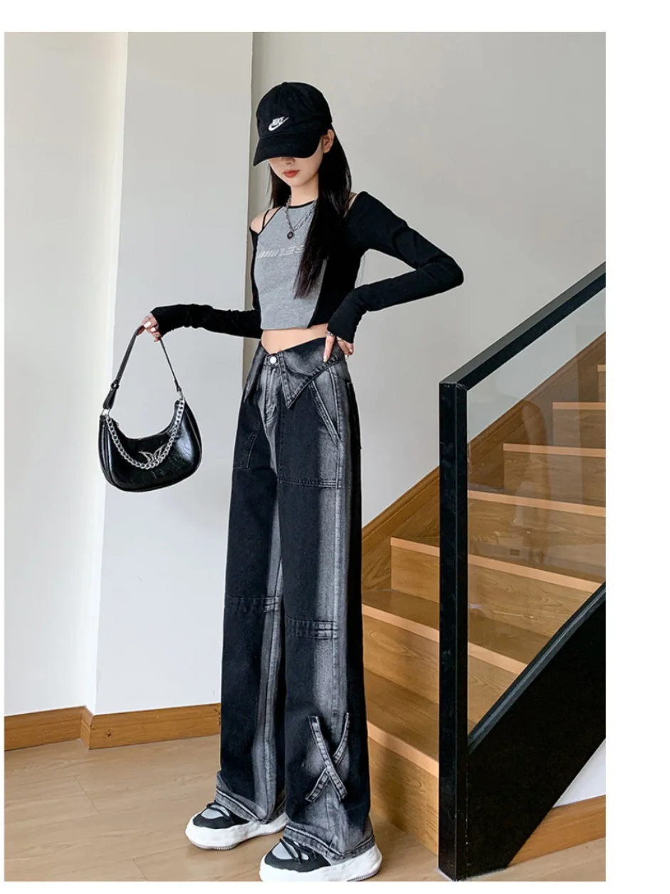 Proste jeansy damskie w stylu western, kowbojskim, amerykańskim, retro, vintage, modne, wygodne, z frędzlami, unisex.