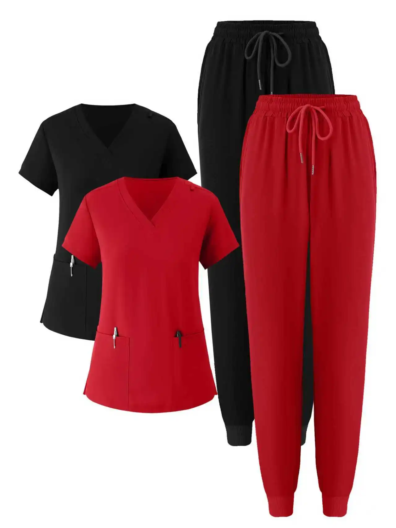 (Zestaw czteroczęściowy) Strój medyczny damski, elastyczny, sportowy, do biegania, matowy, oddychający, do pielęgniarstwa, odzież robocza, strój do prania.
