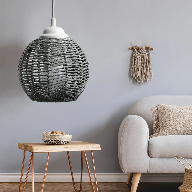 Classical Imitation Hemp Rope Woven Lampshade Geometric Shade Light Cover Chandelier Hanging Wicker Decorative Weave Basket