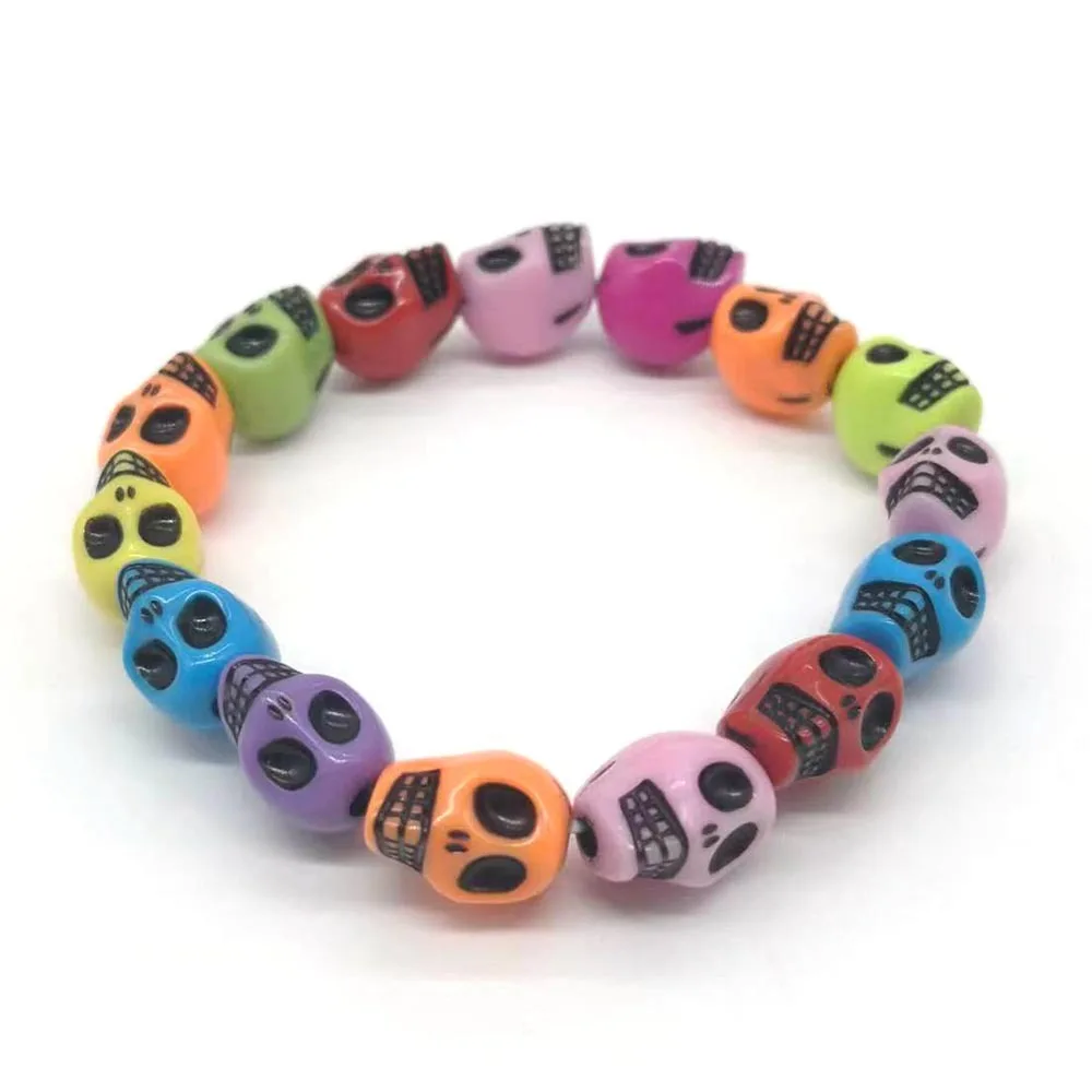 Retro Multi Color Personalized Skull Head Acrylic Beaded Bracelet for Halloween Gift