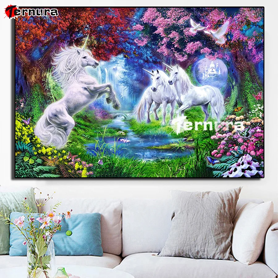 Diamond Painting sale Jungle Unicorn Rhinestone White horse tree river grass flower full square round drill Diamond Embroidery