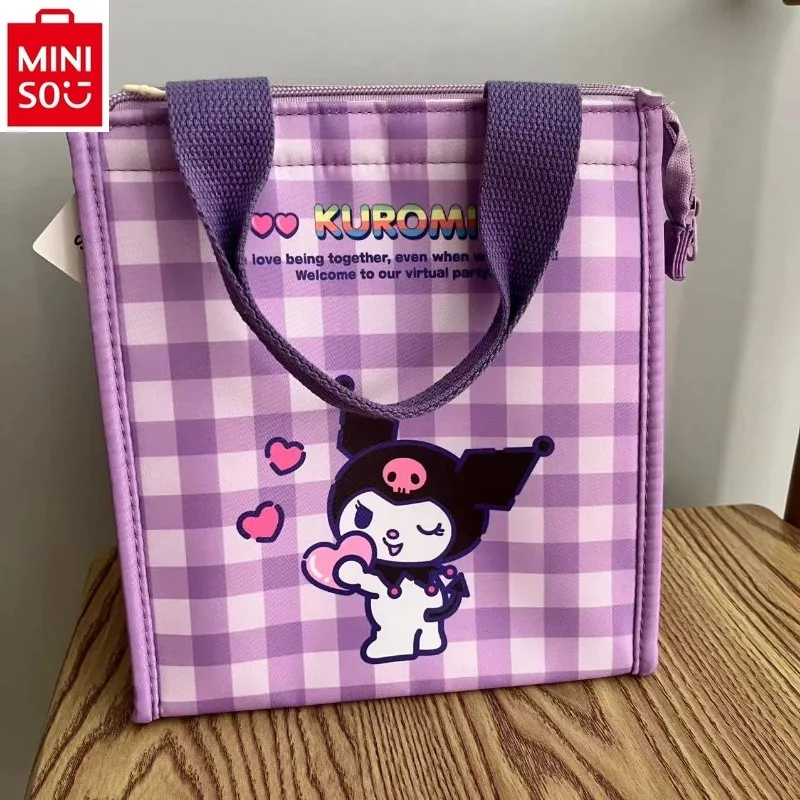 MINISO sanrio Hello Kitty Checkered Sweet Kuromi Bento Bag Student Insulation Lightweight High Quality Handbag