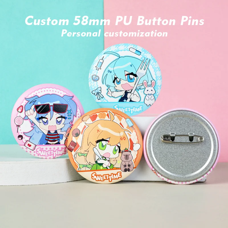 

5 шт., булавки из искусственной кожи на заказ, 58 мм, мягкие кожаные сжимаемые значки, персонализированные периферийные устройства аниме, высококачественные подарки на заказ