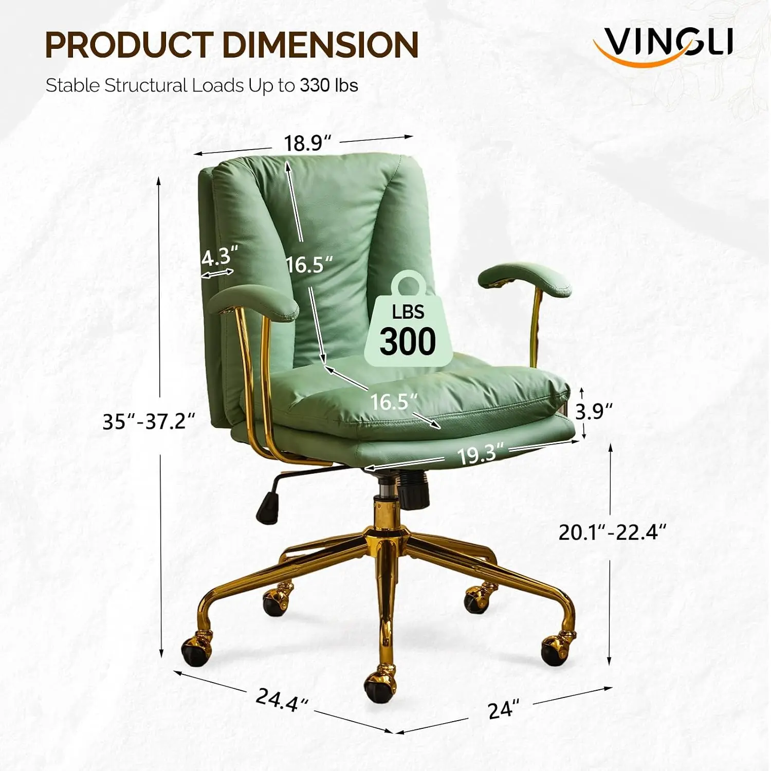 Office Chair With Wheels & Removable Armrests, Gold Base Vanity Chair, Adjustable Swivel Task Chair, Cat Scratch PU, Customized