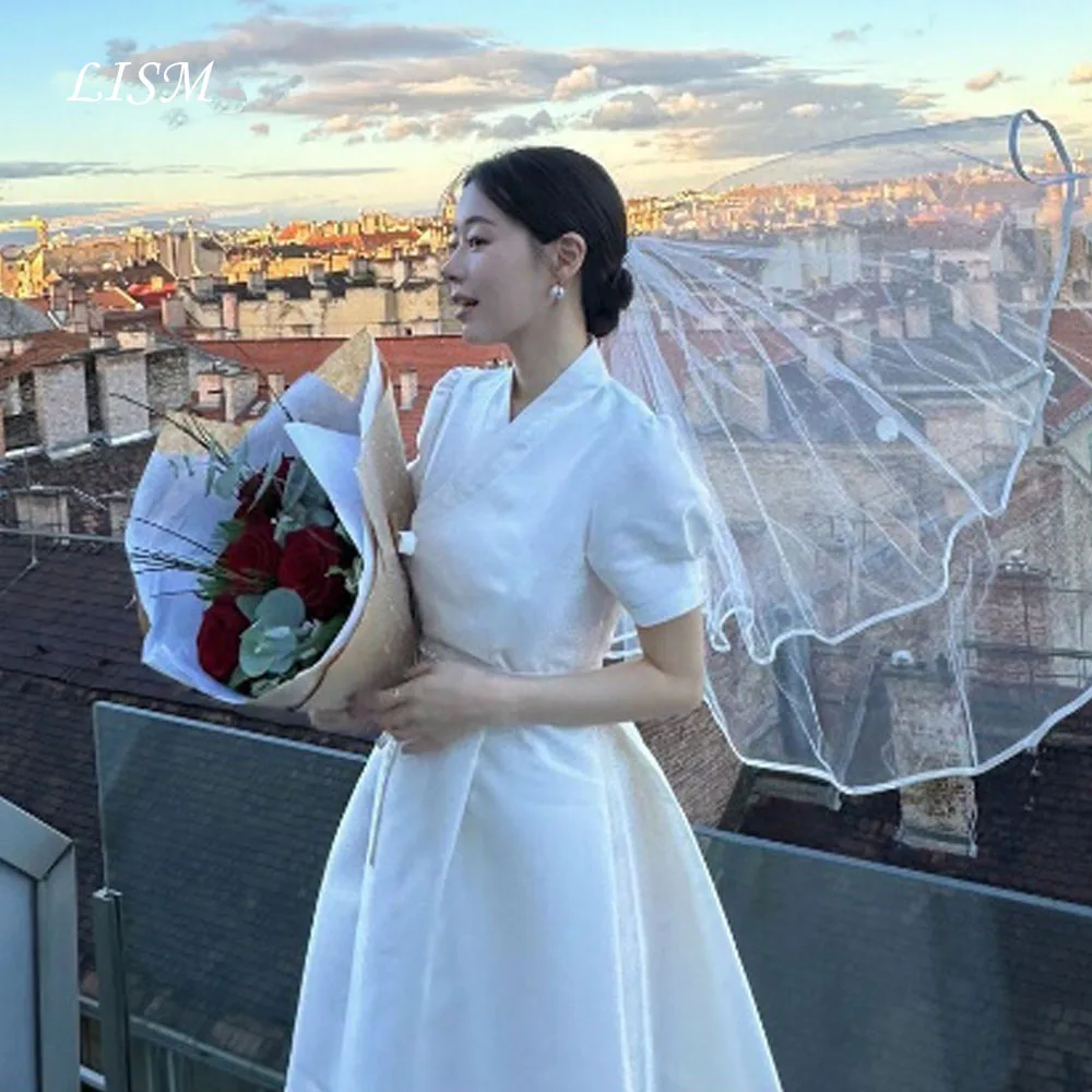 LISM A-Line eleganti abiti da sposa coreani in raso di seta maniche corte abiti da sposa moderni Garona servizio fotografico personalizzato