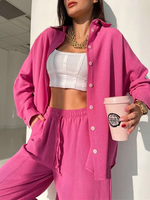 Casual Solid Women Set Tracksuit Women Long Sleeve Single-breasted Shirt and Harem Pants Two Piece Sets Female Fashion Outfits