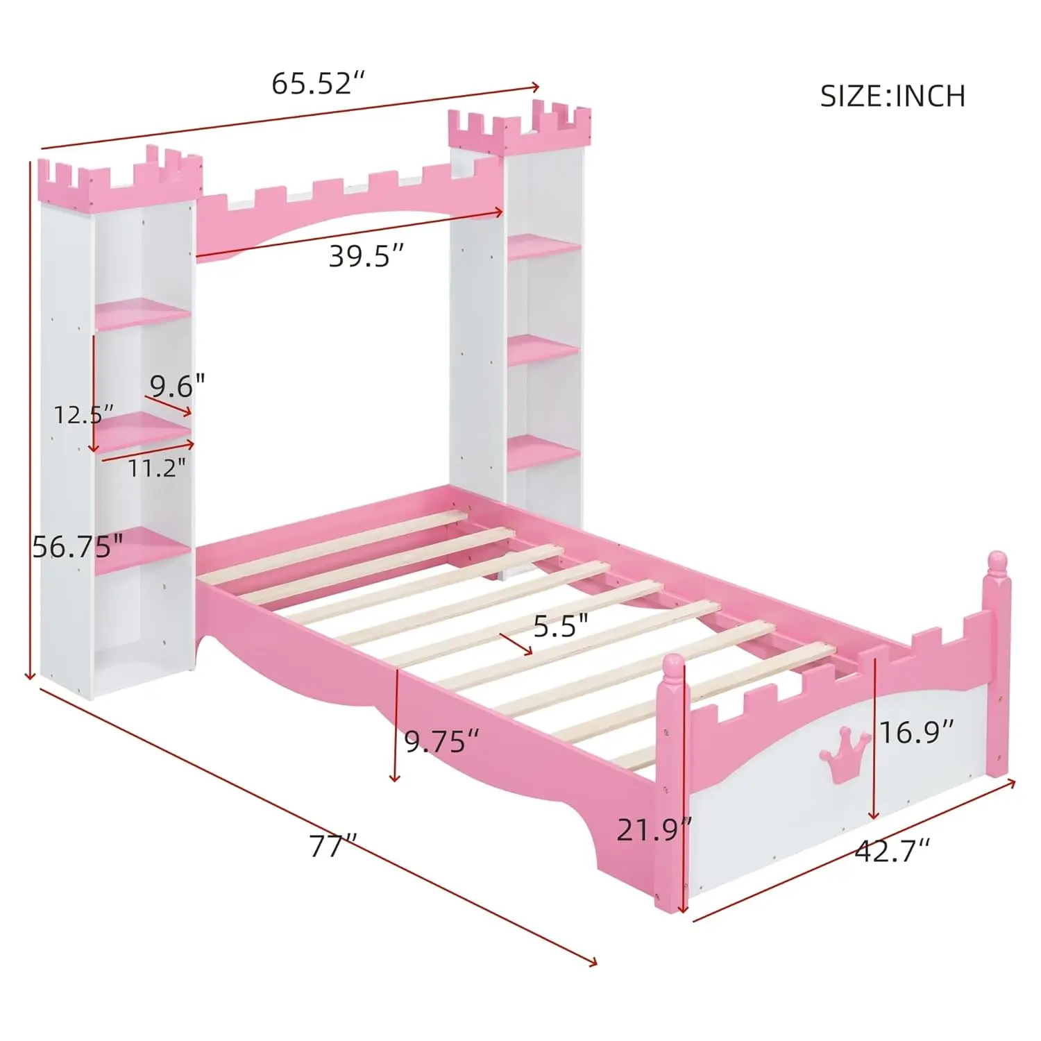 Castle-Shaped Wooden Bed Frame for Boys Girls Kids Adults Toddler with Storage Shelf, Dreamy Twin Size Platform Bed, Customized - Detail 1