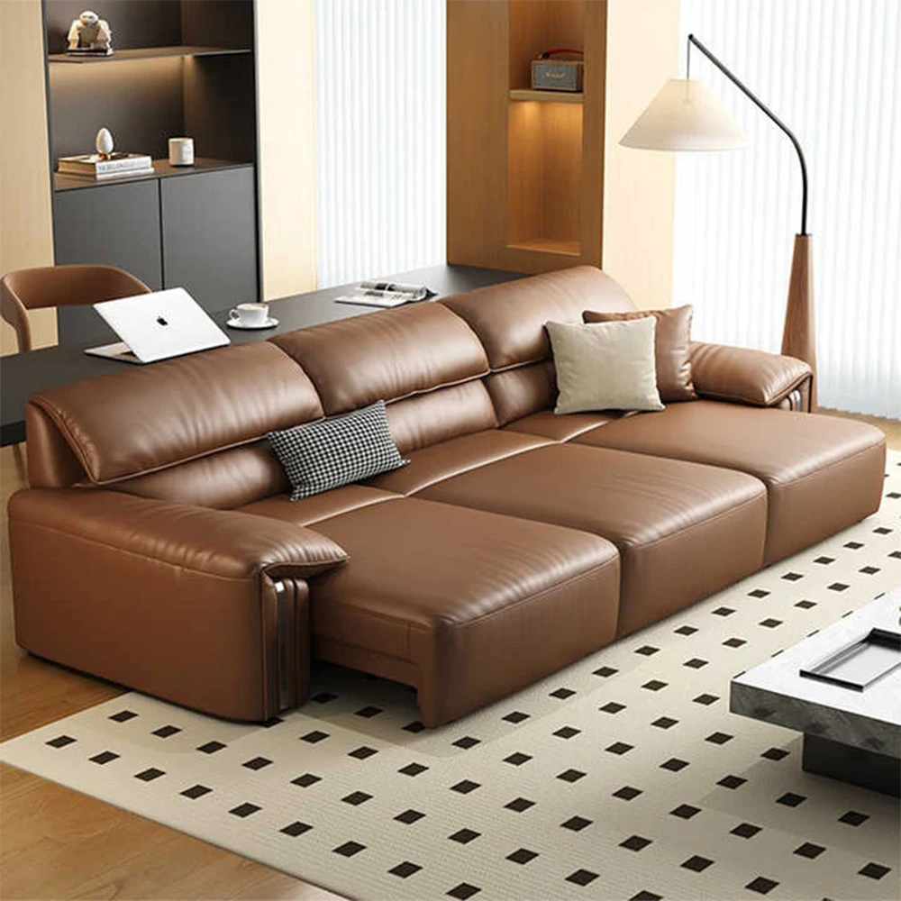 Modern Convertible Genuine Leather Sofa Bed – Multi-functional Electric Sleeper Couch with Adjustable Seats & Wide Chaise Lounge