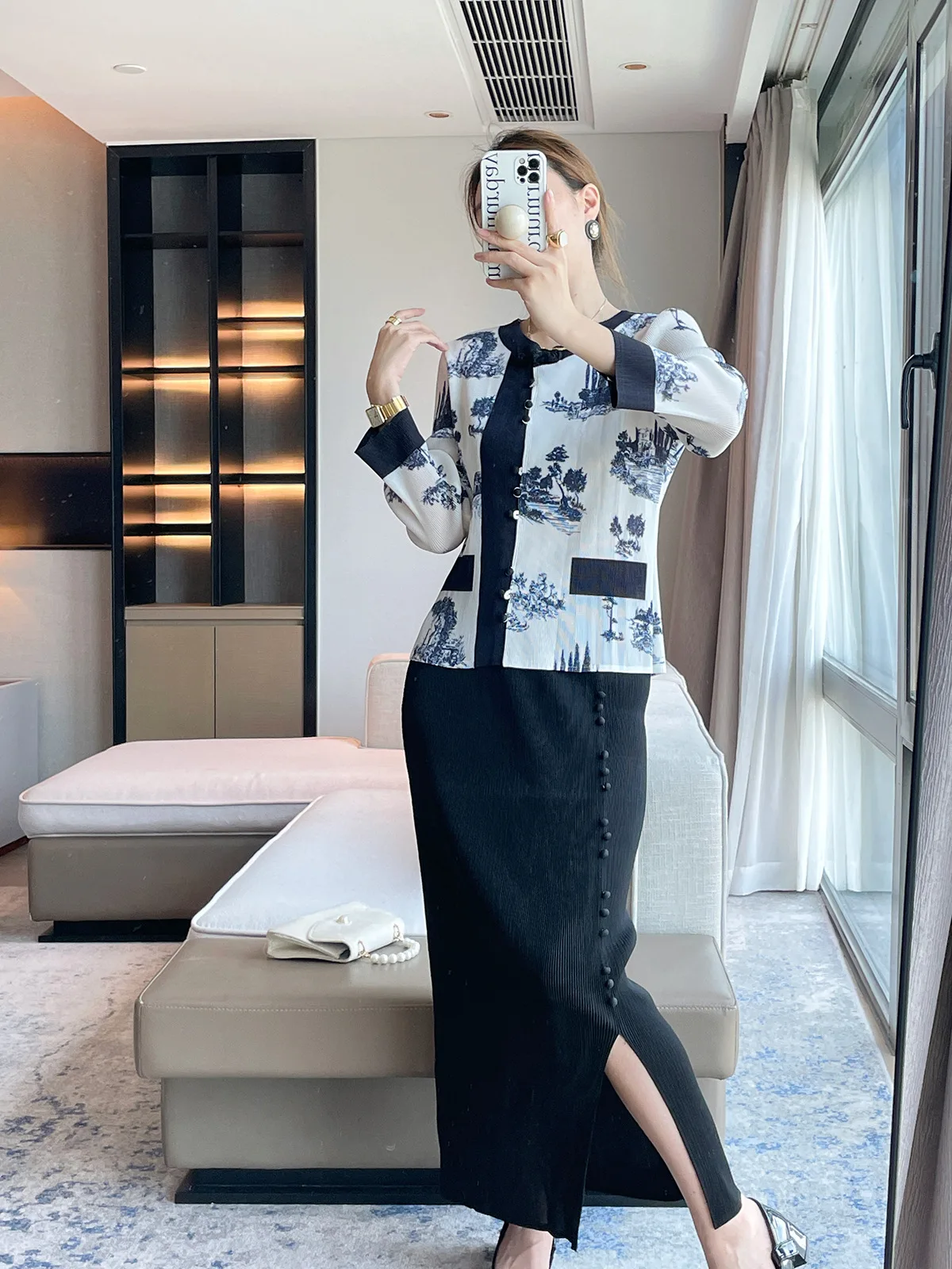 Pleated New Lanting Original New Chinese Style Retro National Style Printed Short Jacket Split Skirt Two-piece Set