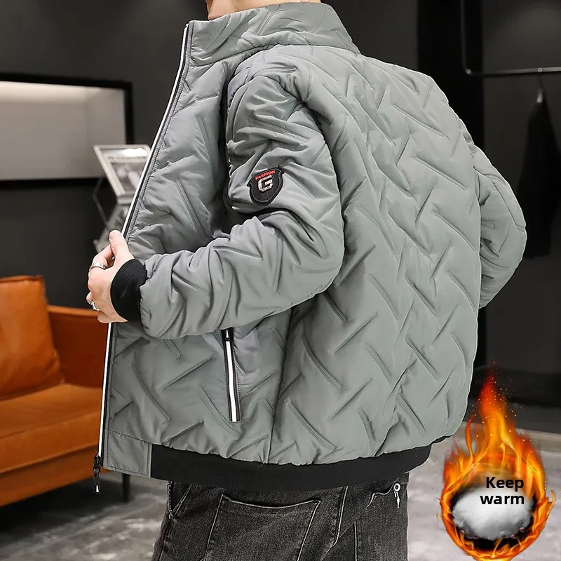 

Men's Faionable Thiened Cotton Jaet Stand Collar Winter Warm Coat Youth Stand Fit Casual Sle Polyester Fiber