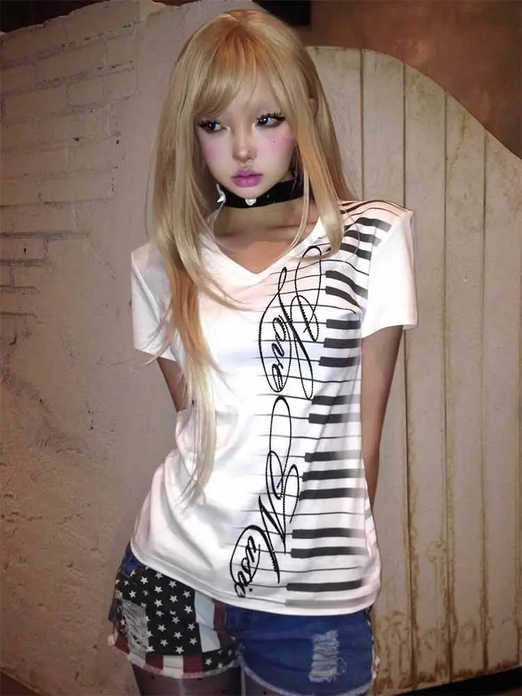 Women's Slim Fit Graphic T-Shirt Music Piano Key Print V-Neck Short Sleeve Casual Alternative Style Tee