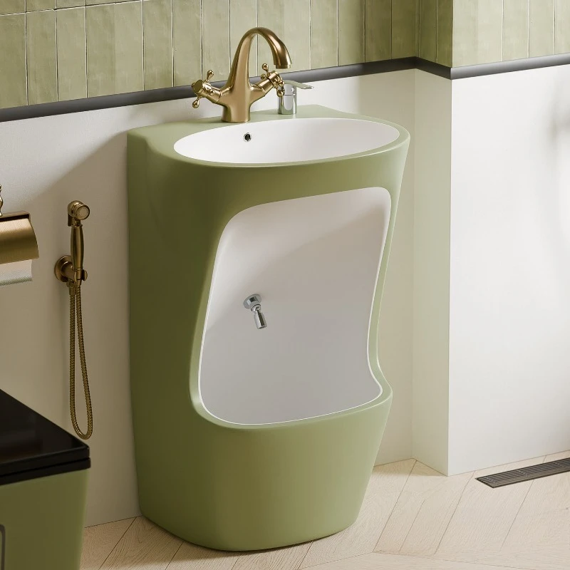 Retro green ceramic integrated household hand wash foot basin bathroom balcony floor column basin
