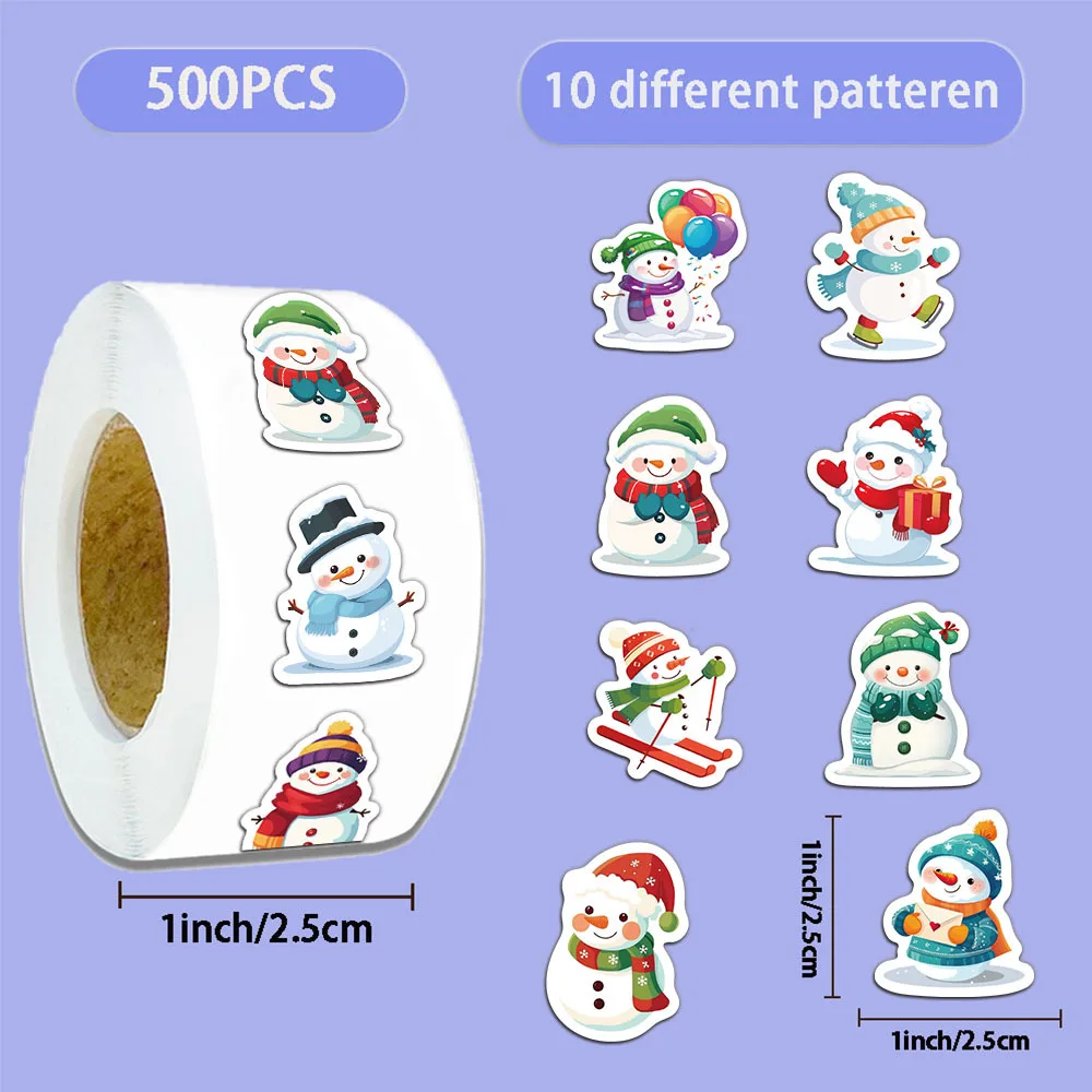 500pcs/롤 어린이 크리스마스 보상 스티커 롤 귀여운 만화 눈사람 클립보드 축제 선물 장식 패턴 라벨