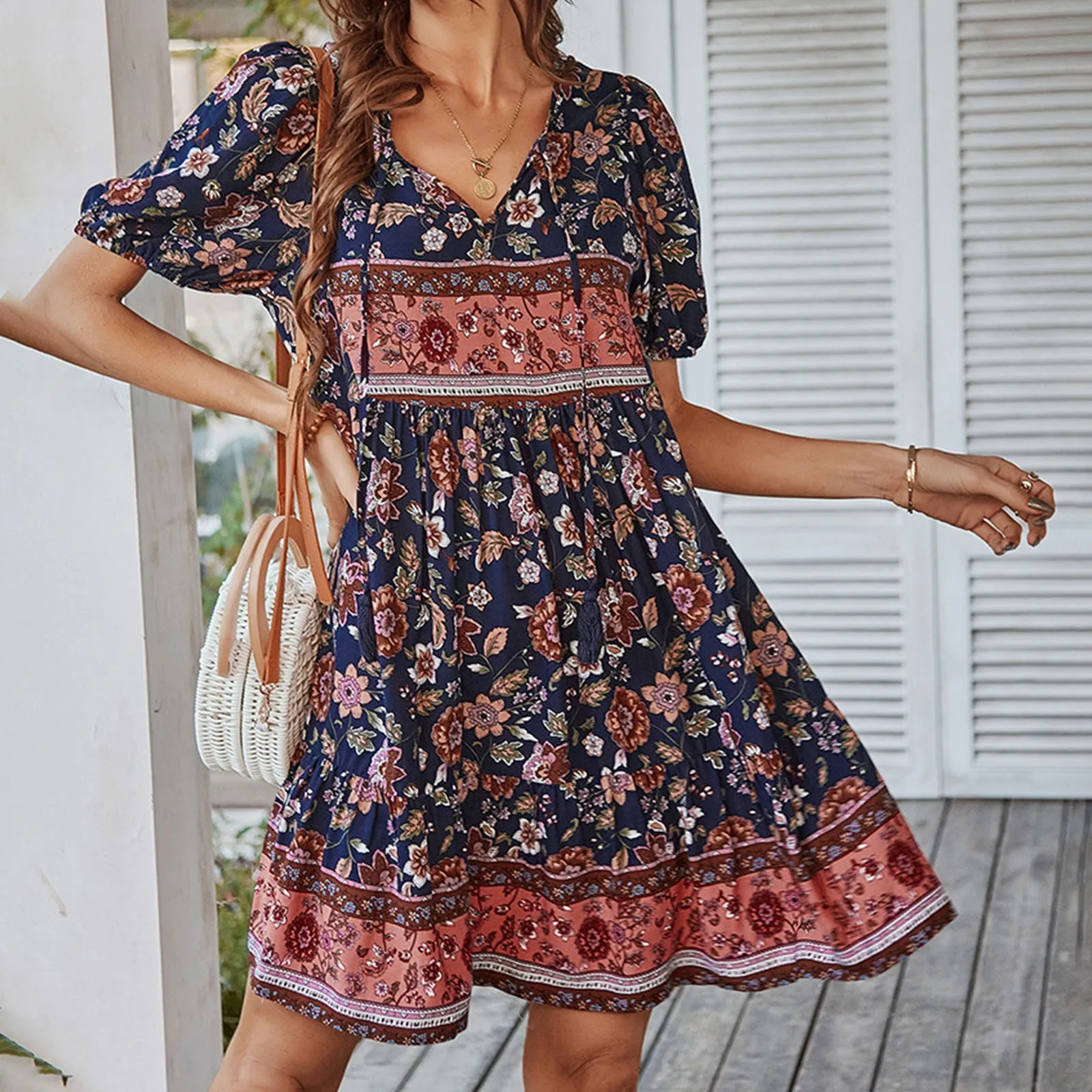 Mode V-Hals Vrouwen Casual Jurk Bohemian Resort Stijl Vrouwelijke Elegante Sexy Jurken Boho Sundress Party Night Vakantie Vestidos