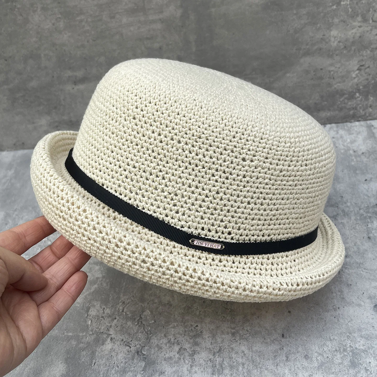 

Льняная вязаная крючком панама с плоским верхом для женщин, летняя модная винтажная шляпа, дышащая, с эффектом стройности лица