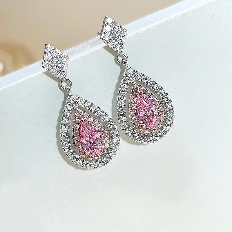 New Sweet Immortal Pear shaped Water Drop Cherry Blossom Powder Eardrops, niche 925 Silver Imported High Carbon Diamond