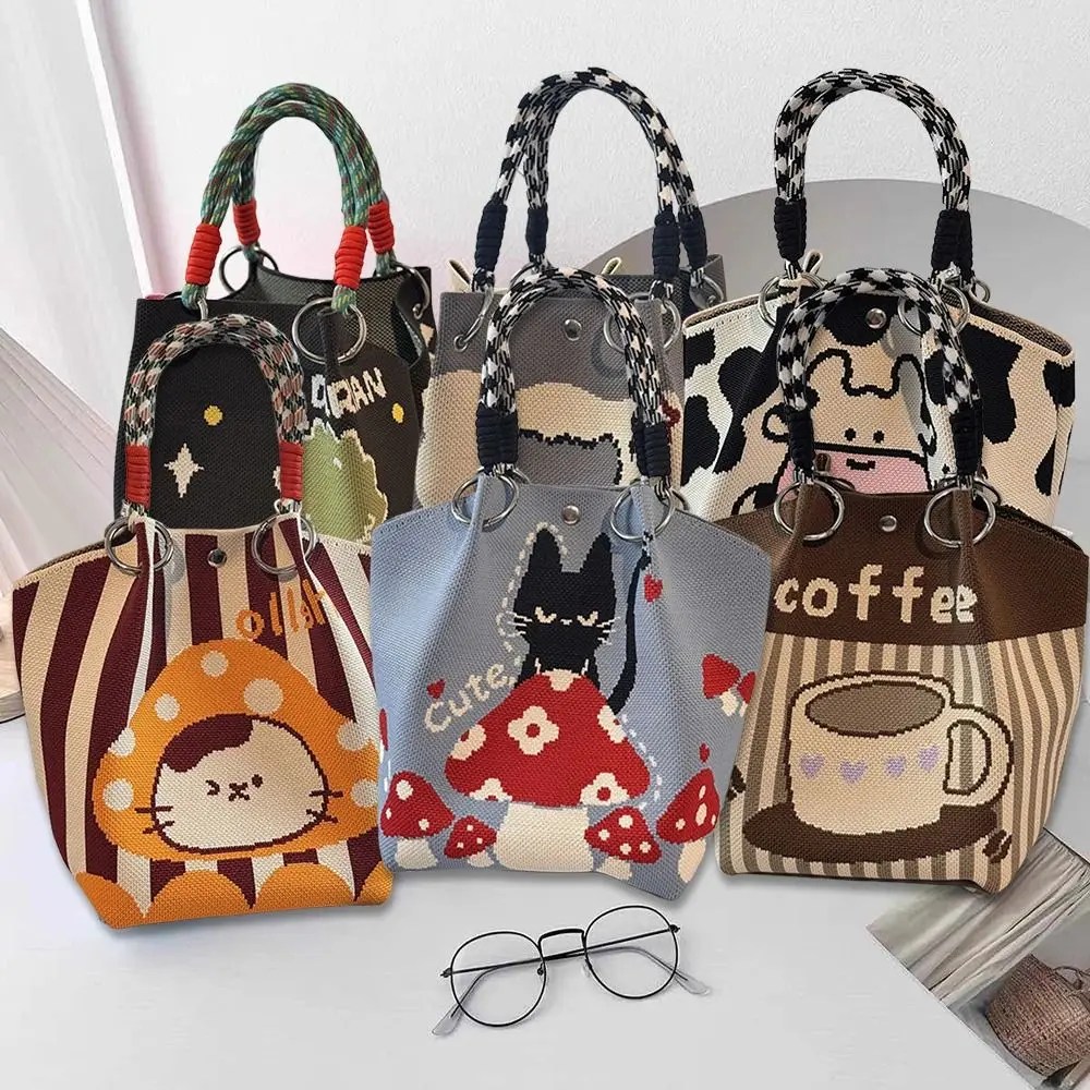 

Модная мультяшная вязаная сумка-ведро, большая вместительная тканая сумка на плечо с пряжкой и кольцом, сумка ручной работы для женщин и девочек