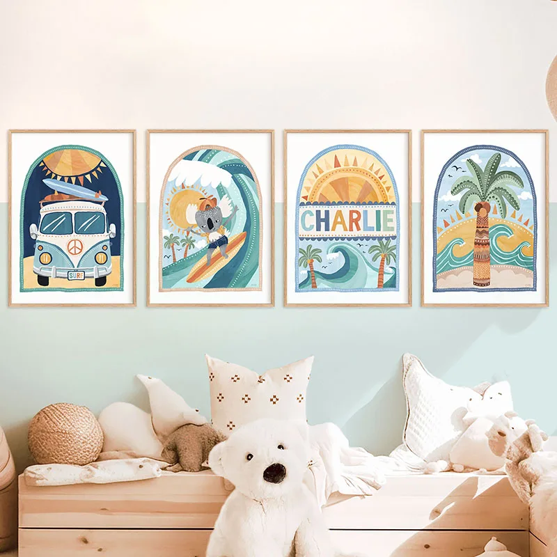 Sea Beach Car Tropical Tree Surfboard Nursery Wall Art Canvas Painting Cartoon Posters And Prints Pictures Baby Kids Room Decor