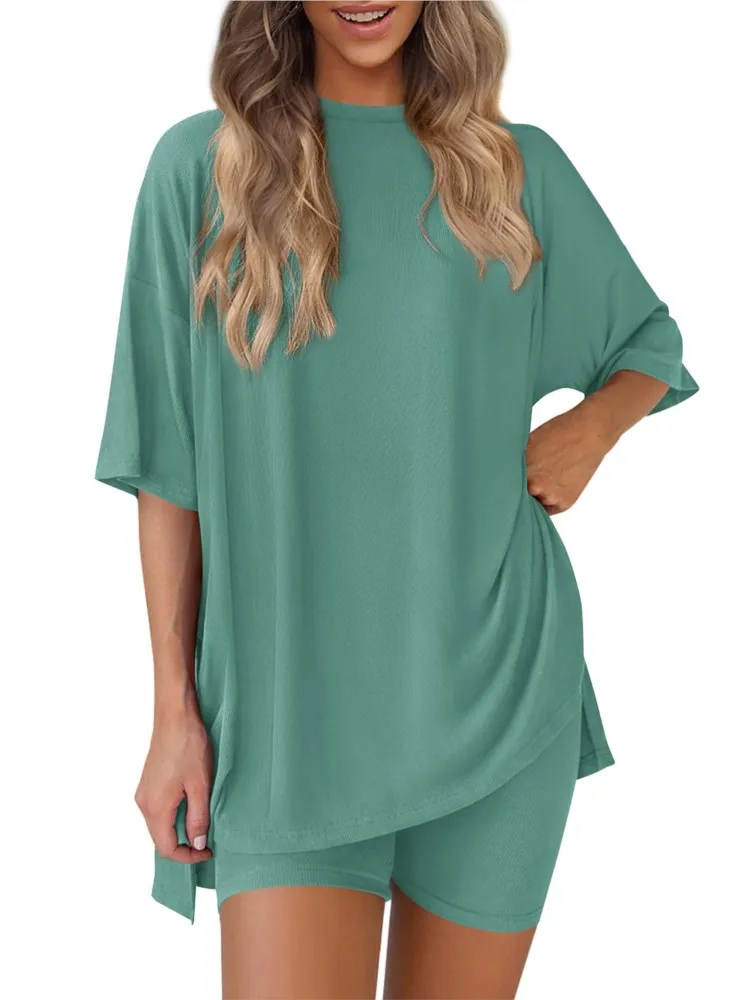 

2025 Summer New Fashion Casual Round Neck Suit Solid Color Loose Pajamas Women's Shorts Two-piece Suit Home Loose Suit