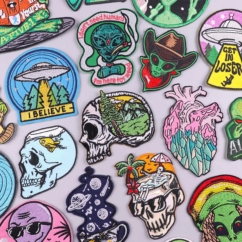 Skull Plant DIY Embroidery Patch Iron On Patches On Clothes Funny Alien Applique Patches For Clothing Stickers Fusible Patch