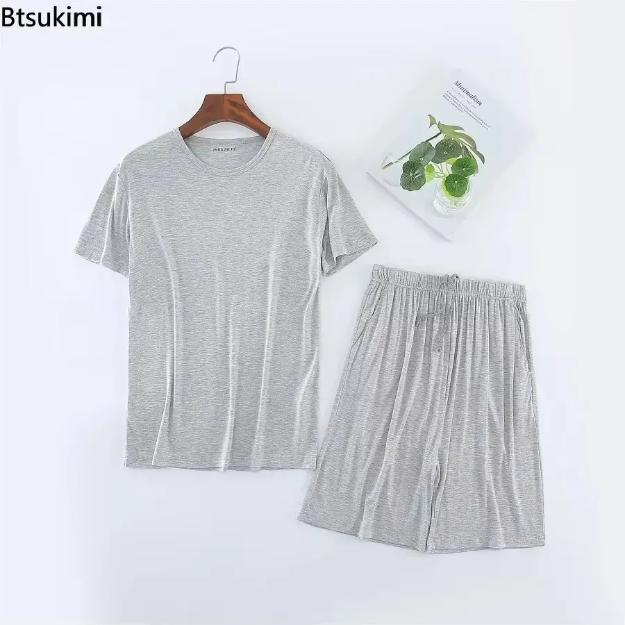 2025 Men's Summer Casual Sleepwear Sets Solid HomeWear Suits 2pcs Modal T-shirt and Shorts Oversized Summer Pajamas Male L-8XL