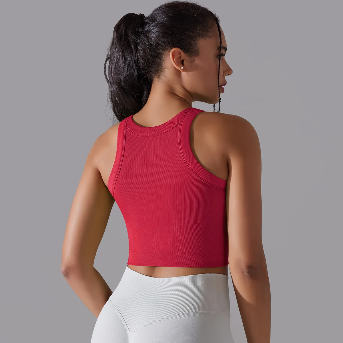 Sleeveless Yoga Top Women Semaless Knitted Ribbed Gym Crop Top With Chest Pads Slim Fit Running Vest Breathable Sportswear