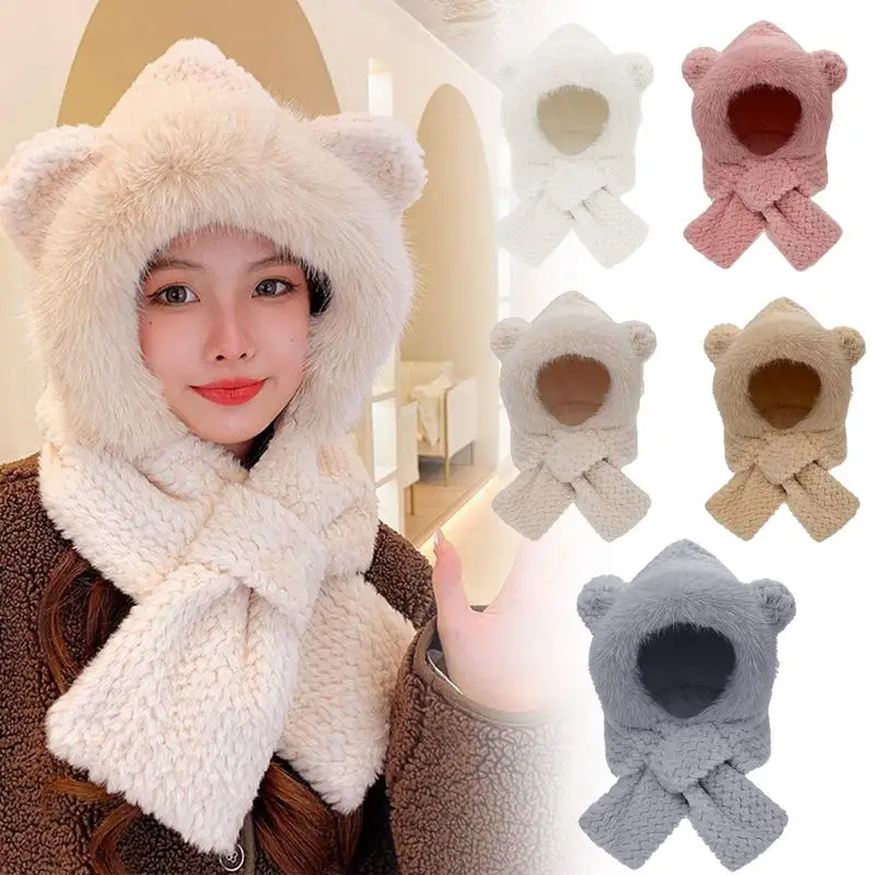 Bunny Hat Bunny Ear Hat Cute Winter Hat Bear Scarf Plush Hat Bear Costume Bear Hood For Kids Women Young People Elderly Family