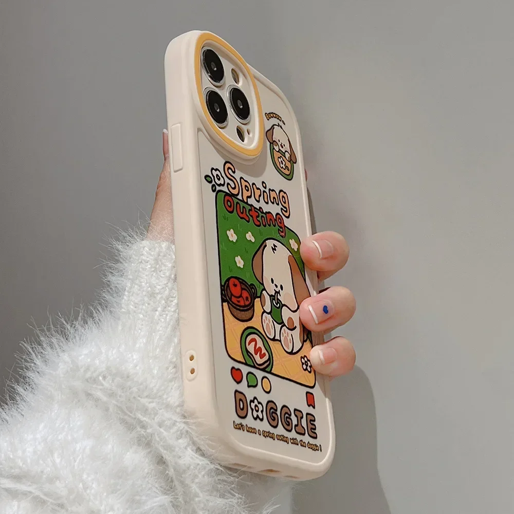 Retro spring picnic puppy dog art Kawaii Phone Case For iPhone 16 15 14 13 11 12 Pro Max 14 Plus XR Xs 15 Plus Case Cute Cover