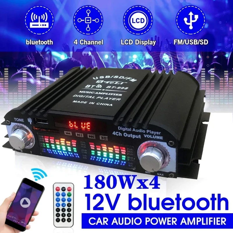 

DC 12V BT-998 Power Amplifier Bluetooth Car Amplifier Audio System Stereo Audio Box 4 Voice Channel FM U Disk Audio Player