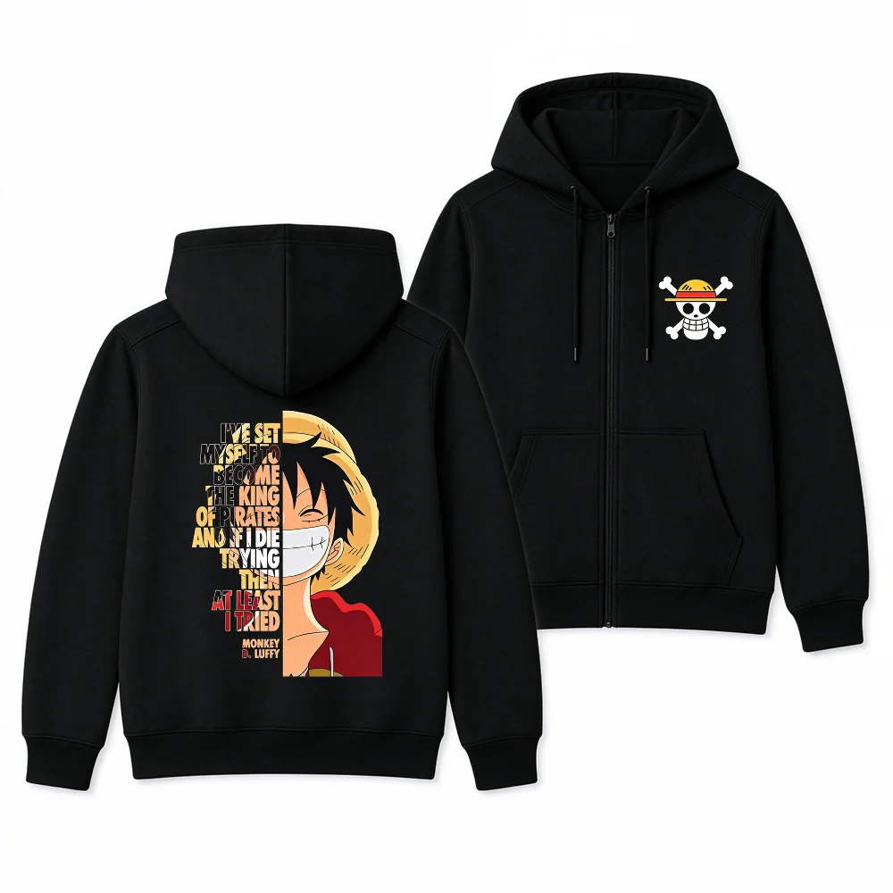 Moletom com zíper masculino Bandai One Piece Luffy, inverno, fleece grosso, estampa de anime, estilo Y2K, casual, quente, esportivo, jaqueta térmica.